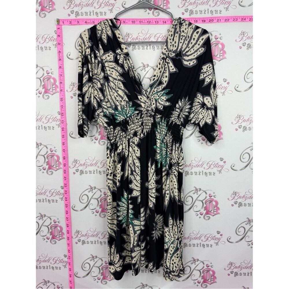 Black & Cream Floral V-Neck Smocked Waist Dress with Teal Accents